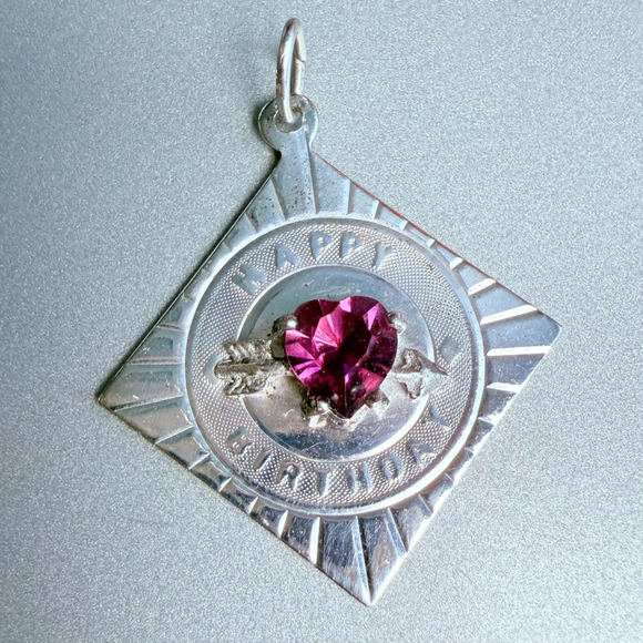 Sterling Silver 925 Happy Birthday July Birthstone Simulated Ruby Charm Pendant - Picture 1 of 5